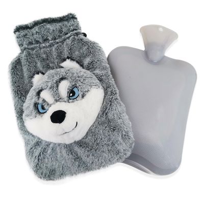 suitmine Hot Water Bottle PVC 2L Leak-Proof with Removable Plush Cute Husky Cover for Pain Relief Hot and Cold Therapy,Hands Feet Abdomen and Neck Warmer,Cord Lock,Grey