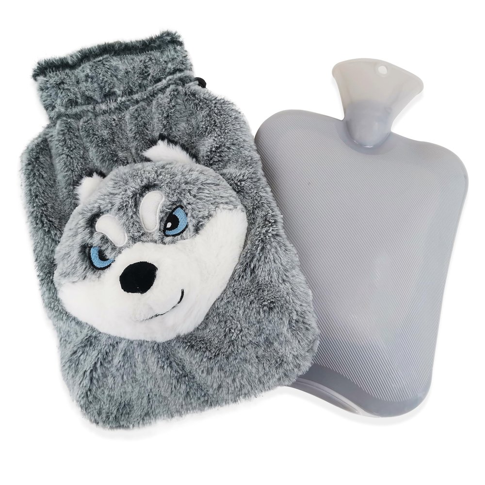 suitmine Hot Water Bottle PVC 2L Leak-Proof with Removable Plush Cute Husky Cover for Pain Relief Hot and Cold Therapy,Hands Feet Abdomen and Neck Warmer,Cord Lock,Grey