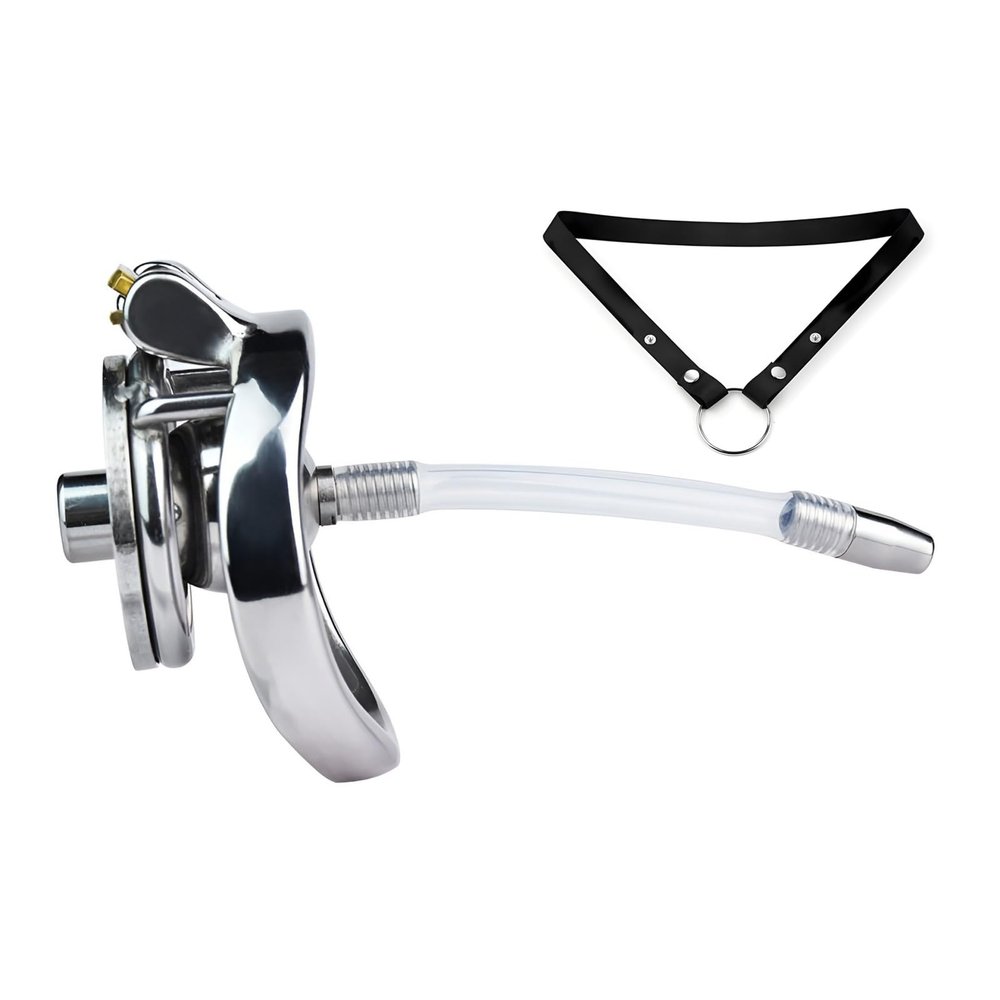 Flat Chastity Cage with Urethral Plug and Elastic Belt, Stainless Steel Chastity Device for Men -USHA22 (Arc Ring, 55mm Ring)