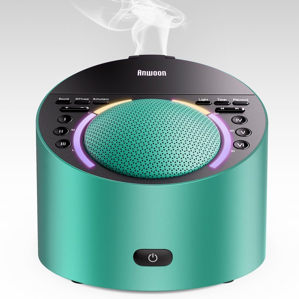 ANWOON Sound Machine & Aroma Diffuser Pro 4-in-1 Sleep System, Premium Metal Shell with Schumann Resonance &Night Light, White Noise &50+ Natural Sounds -for Sleep, Focus, Relaxation -Adults Kids Baby