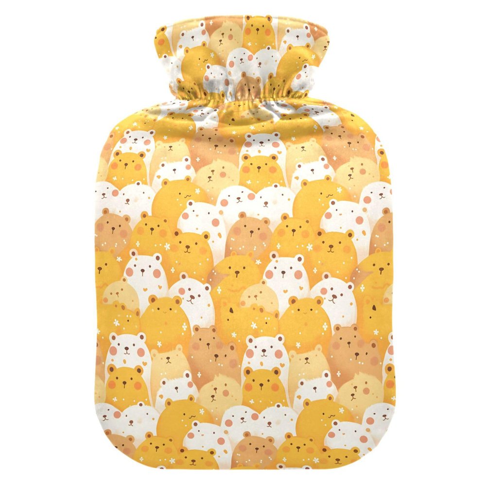 1 L Hot Water Bottle Yellow and White Bear Hot Water Bottle with Cover Soft Velvet Hot Water Bag for Pain Relief Small Hot Water Bottle for Kids Adult