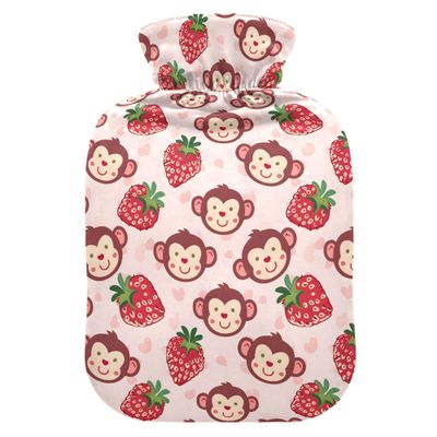 2 L Hot Water Bottle Monkey Strawberry Hot Water Bottle with Cover Soft Velvet Hot Water Bag for Pain Relief Hot Water Bottle for Winter Bed for Hands