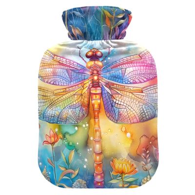 2 L Hot Water Bottle Dragonfly Sprite Flower Bushes Hot Water Bottle with Cover Soft Velvet Hot Water Bag for Pain Relief Hot Water Bottle for Winter Bed for Hands