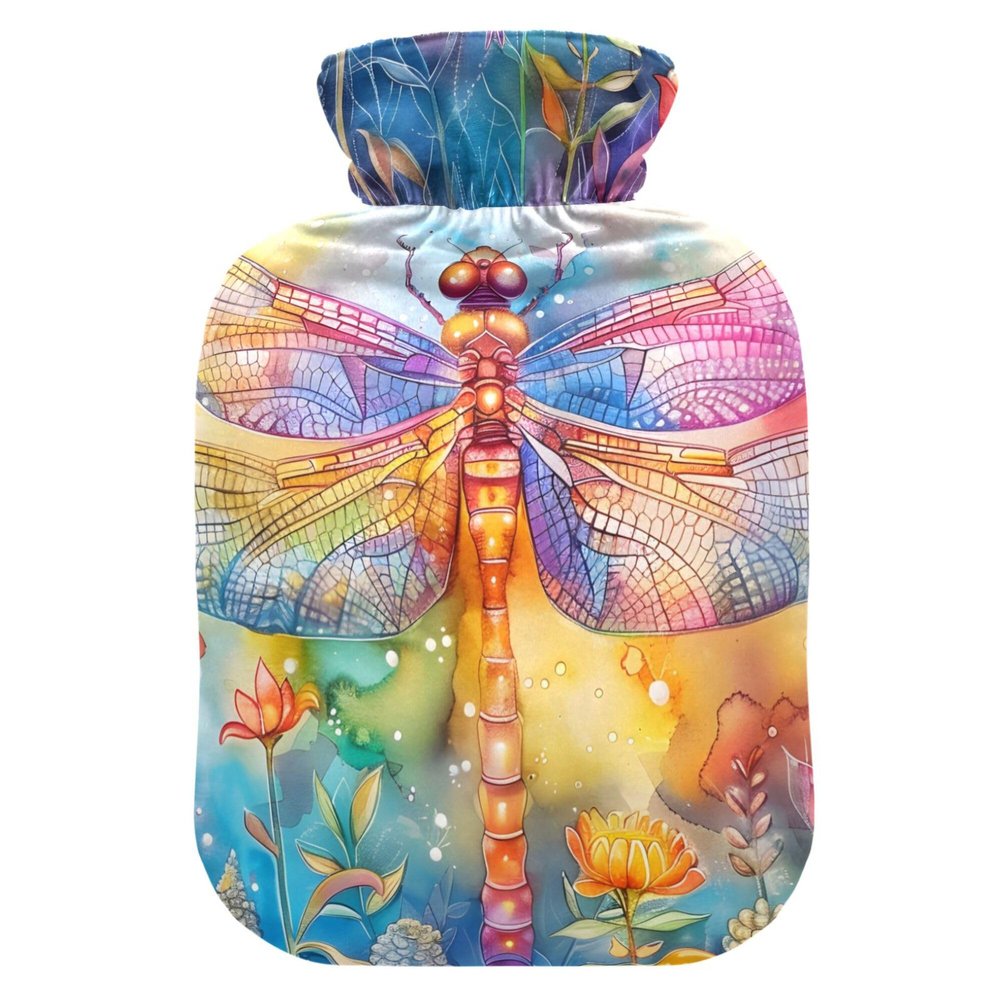 2 L Hot Water Bottle Dragonfly Sprite Flower Bushes Hot Water Bottle with Cover Soft Velvet Hot Water Bag for Pain Relief Hot Water Bottle for Winter Bed for Hands