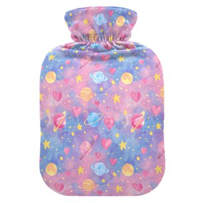 1 L Hot Water Bottle Space Pastel Heart Shaped Planets Hot Water Bottle with Cover Soft Velvet Hot Water Bag for Pain Relief Small Hot Water Bottle for Kids Adult