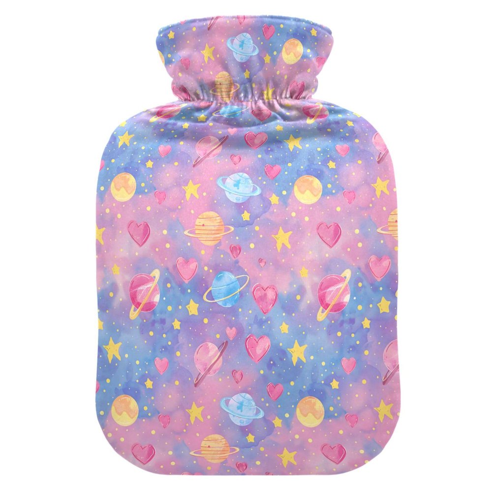 1 L Hot Water Bottle Space Pastel Heart Shaped Planets Hot Water Bottle with Cover Soft Velvet Hot Water Bag for Pain Relief Small Hot Water Bottle for Kids Adult