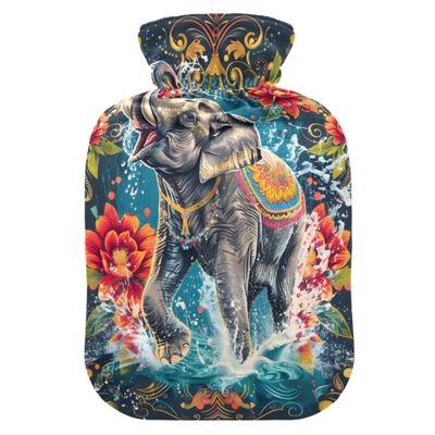 1 L Hot Water Bottle Sea Flower Elephant Hot Water Bottle with Cover Soft Velvet Hot Water Bag for Pain Relief Small Hot Water Bottle for Kids Adult