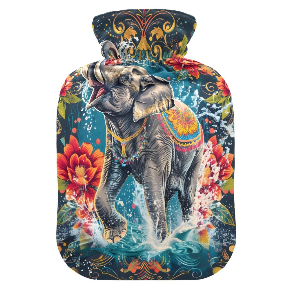 1 L Hot Water Bottle Sea Flower Elephant Hot Water Bottle with Cover Soft Velvet Hot Water Bag for Pain Relief Small Hot Water Bottle for Kids Adult