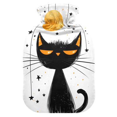 1 L Hot Water Bottle Cat with Orange Night Sky Moon Hot Water Bottle with Cover Soft Velvet Hot Water Bag for Pain Relief Small Hot Water Bottle for Kids Adult