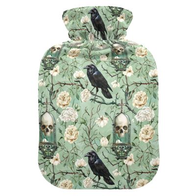 1 L Hot Water Bottle Skull and Bird Flowers Hot Water Bottle with Cover Soft Velvet Hot Water Bag for Pain Relief Small Hot Water Bottle for Kids Adult