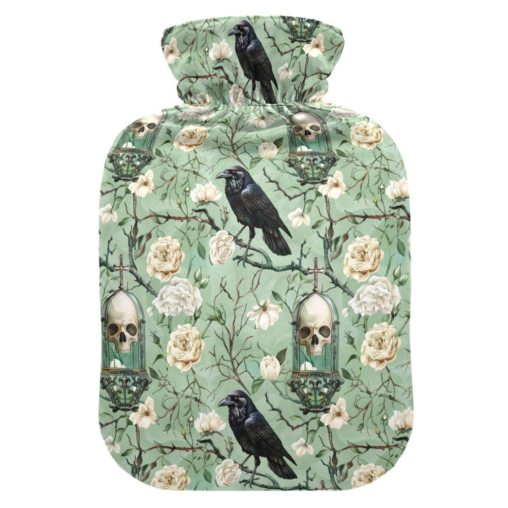 1 L Hot Water Bottle Skull and Bird Flowers Hot Water Bottle with Cover Soft Velvet Hot Water Bag for Pain Relief Small Hot Water Bottle for Kids Adult