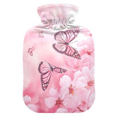 2 L Hot Water Bottle Butterfly and Cherry Blossoms Hot Water Bottle with Cover Soft Velvet Hot Water Bag for Pain Relief Hot Water Bottle for Winter Bed for Hands