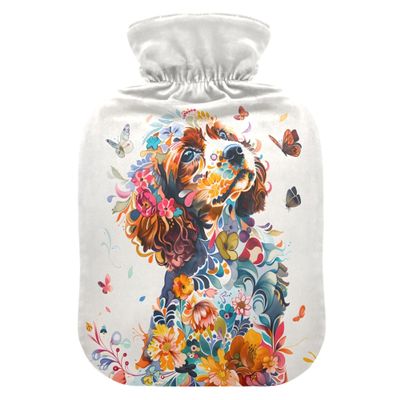 1 L Hot Water Bottle Dog and Flower Hot Water Bottle with Cover Soft Velvet Hot Water Bag for Pain Relief Small Hot Water Bottle for Kids Adult