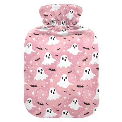 1 L Hot Water Bottle Halloween Ghosts Stars Hot Water Bottle with Cover Soft Velvet Hot Water Bag for Pain Relief Small Hot Water Bottle for Kids Adult