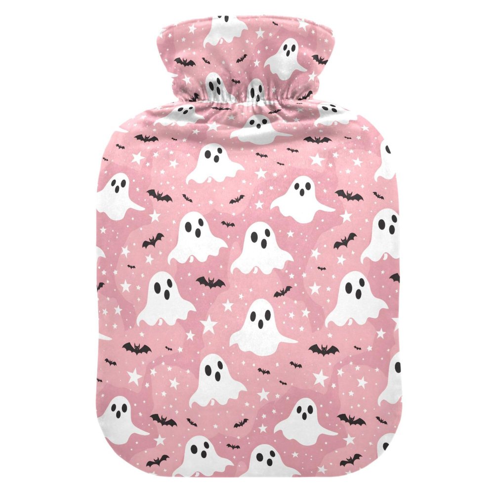 1 L Hot Water Bottle Halloween Ghosts Stars Hot Water Bottle with Cover Soft Velvet Hot Water Bag for Pain Relief Small Hot Water Bottle for Kids Adult