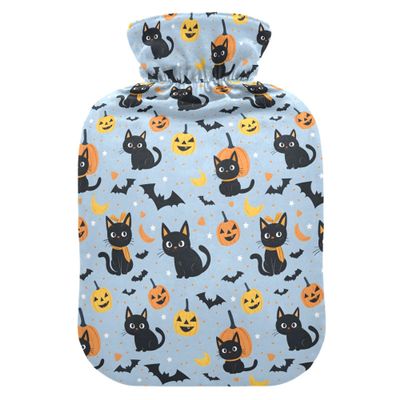 1 L Hot Water Bottle Halloween Pumpkin and Cat Hot Water Bottle with Cover Soft Velvet Hot Water Bag for Pain Relief Small Hot Water Bottle for Kids Adult