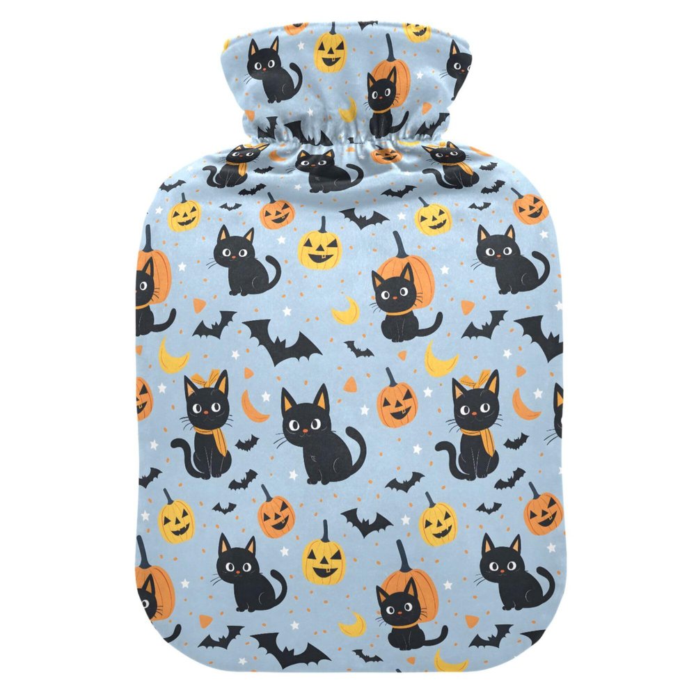 1 L Hot Water Bottle Halloween Pumpkin and Cat Hot Water Bottle with Cover Soft Velvet Hot Water Bag for Pain Relief Small Hot Water Bottle for Kids Adult