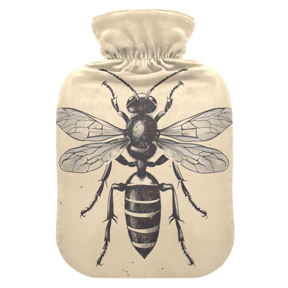 1 L Hot Water Bottle Vintage Bee Hot Water Bottle with Cover Soft Velvet Hot Water Bag for Pain Relief Small Hot Water Bottle for Kids Adult