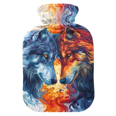 2 L Hot Water Bottle Wolves Two Faces Hot Water Bottle with Cover Soft Velvet Hot Water Bag for Pain Relief Hot Water Bottle for Winter Bed for Hands