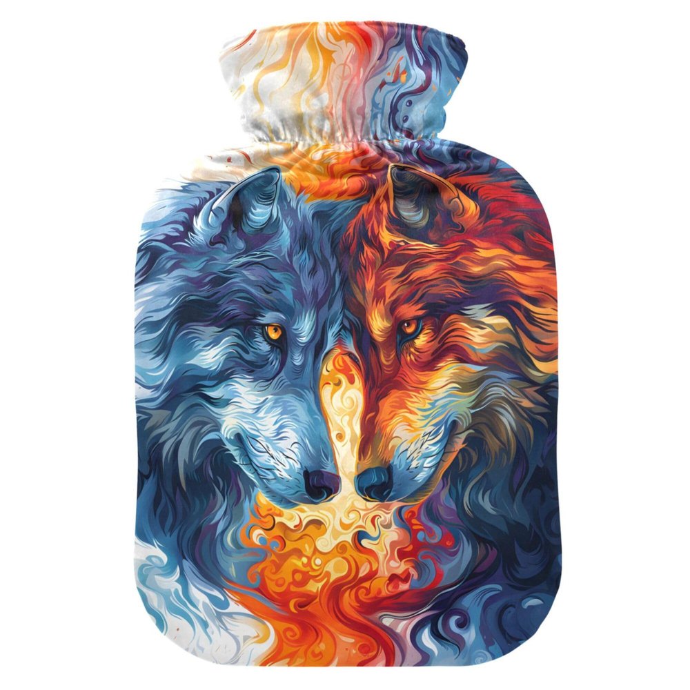 2 L Hot Water Bottle Wolves Two Faces Hot Water Bottle with Cover Soft Velvet Hot Water Bag for Pain Relief Hot Water Bottle for Winter Bed for Hands