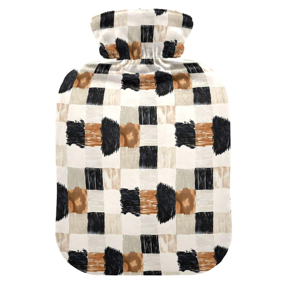 1 L Hot Water Bottle Cowhide Gingham Hot Water Bottle with Cover Soft Velvet Hot Water Bag for Pain Relief Small Hot Water Bottle for Kids Adult