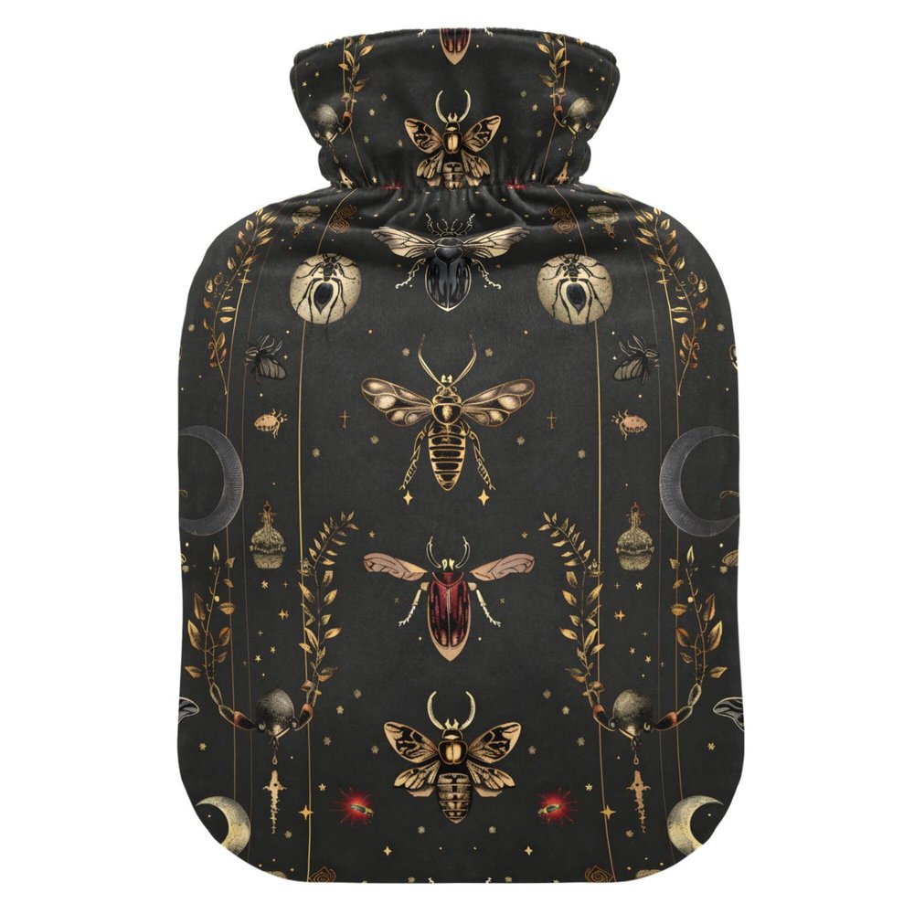 1 L Hot Water Bottle Moon and Insects Hot Water Bottle with Cover Soft Velvet Hot Water Bag for Pain Relief Small Hot Water Bottle for Kids Adult