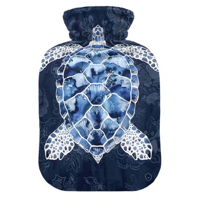 1 L Hot Water Bottle Blue and White Sea Turtle Hot Water Bottle with Cover Soft Velvet Hot Water Bag for Pain Relief Small Hot Water Bottle for Kids Adult