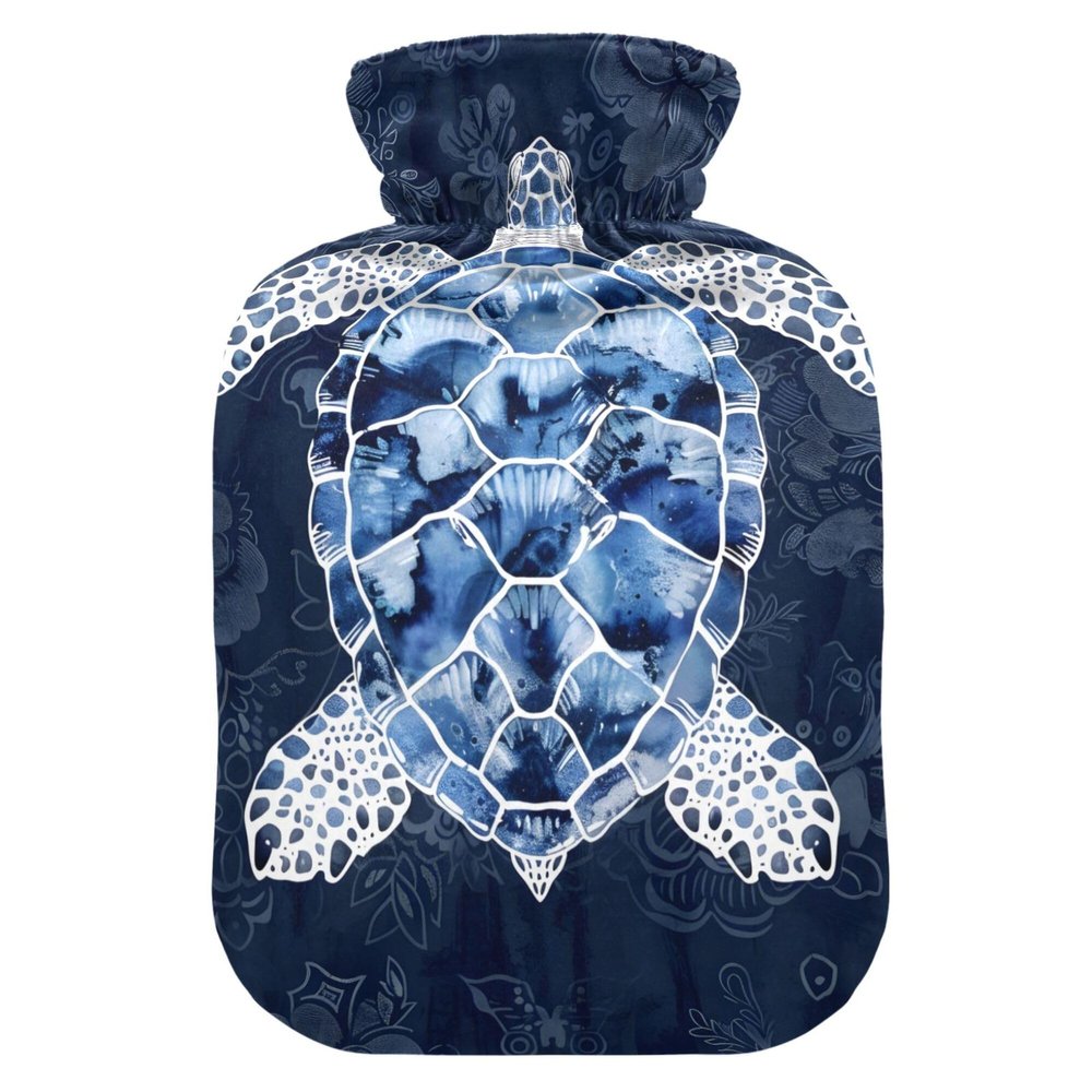 1 L Hot Water Bottle Blue and White Sea Turtle Hot Water Bottle with Cover Soft Velvet Hot Water Bag for Pain Relief Small Hot Water Bottle for Kids Adult
