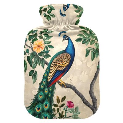 1 L Hot Water Bottle Peacock and Flowers Hot Water Bottle with Cover Soft Velvet Hot Water Bag for Pain Relief Small Hot Water Bottle for Kids Adult