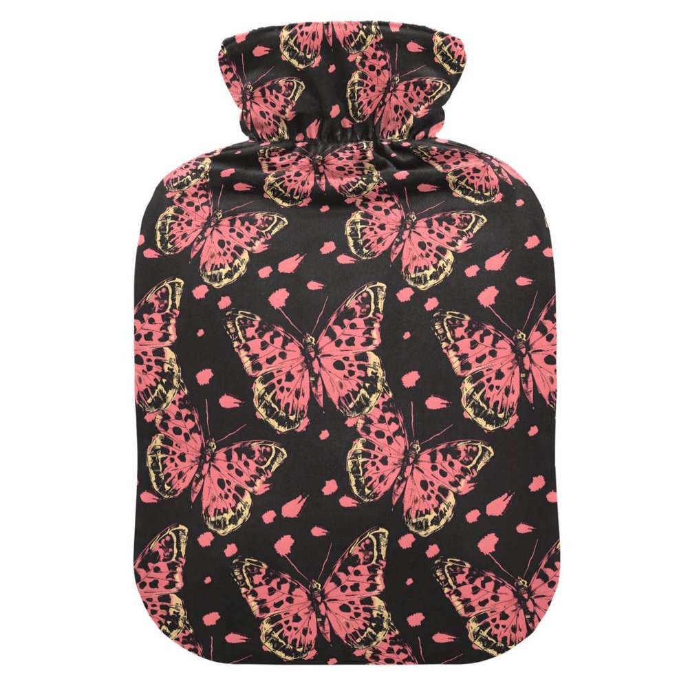 1 L Hot Water Bottle Pink Butterfly Hot Water Bottle with Cover Soft Velvet Hot Water Bag for Pain Relief Small Hot Water Bottle for Kids Adult