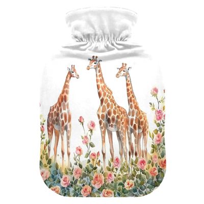 1 L Hot Water Bottle Giraffes Rose Hot Water Bottle with Cover Soft Velvet Hot Water Bag for Pain Relief Small Hot Water Bottle for Kids Adult