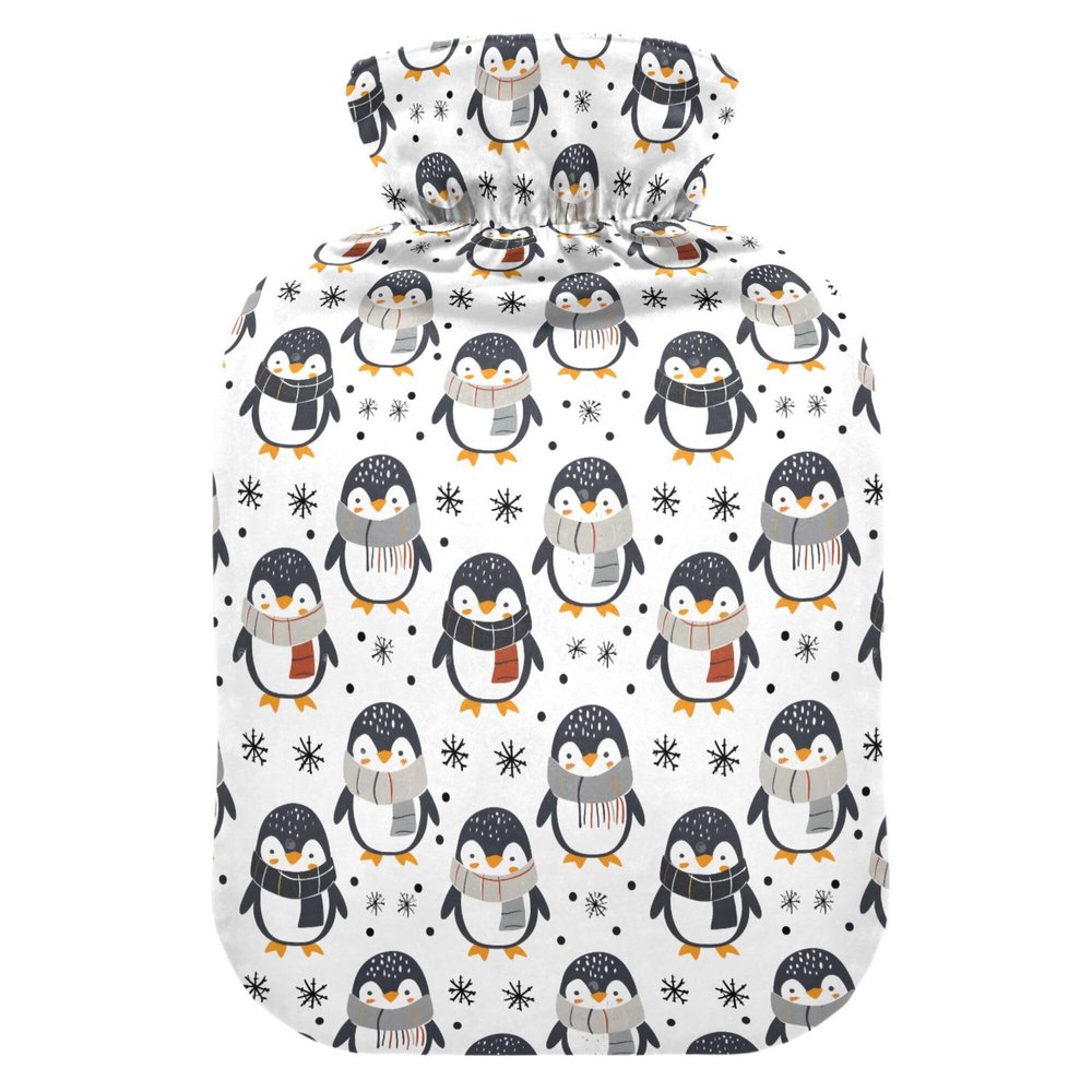 1 L Hot Water Bottle Penguin Snow Hot Water Bottle with Cover Soft Velvet Hot Water Bag for Pain Relief Small Hot Water Bottle for Kids Adult