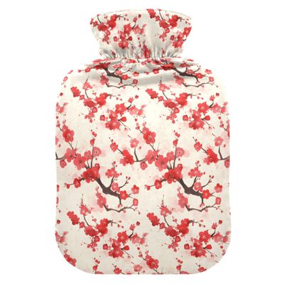 1 L Hot Water Bottle Plum Blossom Flower Red Hot Water Bottle with Cover Soft Velvet Hot Water Bag for Pain Relief Small Hot Water Bottle for Kids Adult