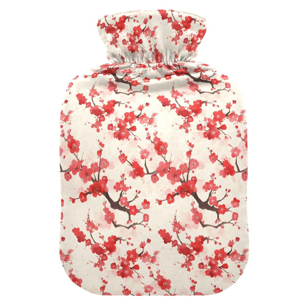 1 L Hot Water Bottle Plum Blossom Flower Red Hot Water Bottle with Cover Soft Velvet Hot Water Bag for Pain Relief Small Hot Water Bottle for Kids Adult