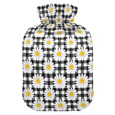 1 L Hot Water Bottle White Daisy Black Checked Hot Water Bottle with Cover Soft Velvet Hot Water Bag for Pain Relief Small Hot Water Bottle for Kids Adult