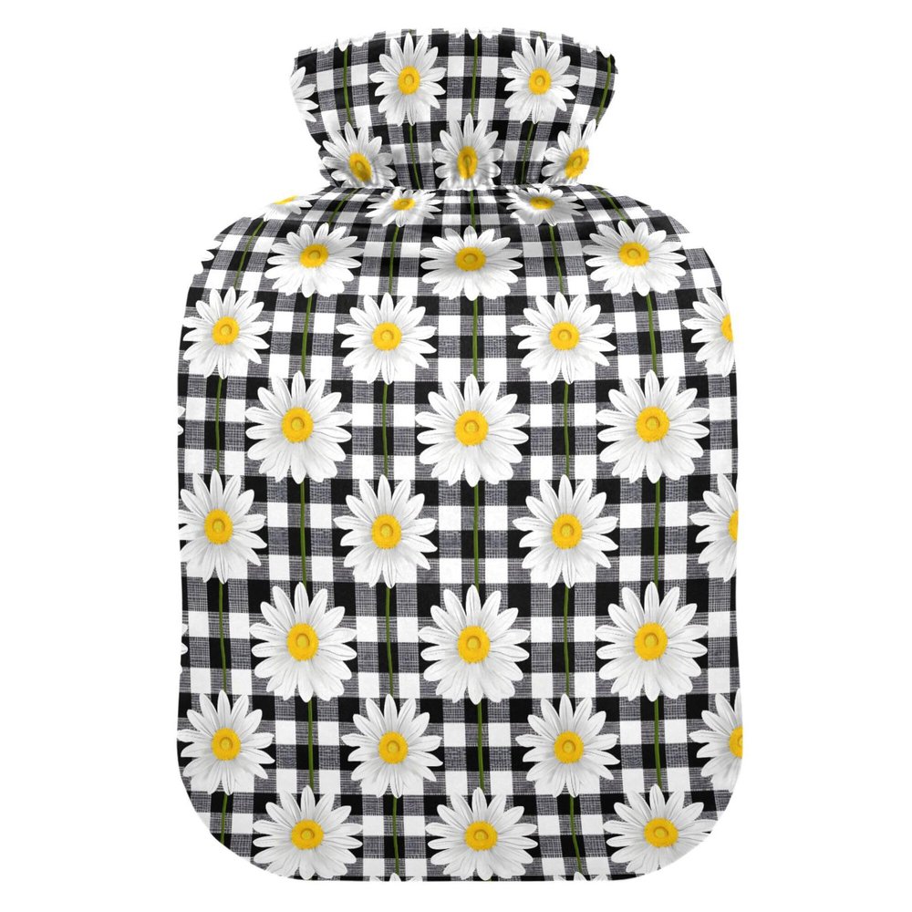 1 L Hot Water Bottle White Daisy Black Checked Hot Water Bottle with Cover Soft Velvet Hot Water Bag for Pain Relief Small Hot Water Bottle for Kids Adult