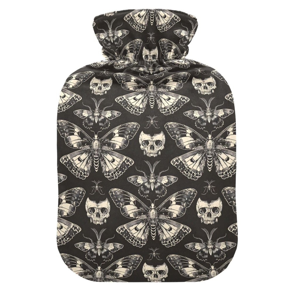 1 L Hot Water Bottle Butterfly and Skull Hot Water Bottle with Cover Soft Velvet Hot Water Bag for Pain Relief Small Hot Water Bottle for Kids Adult