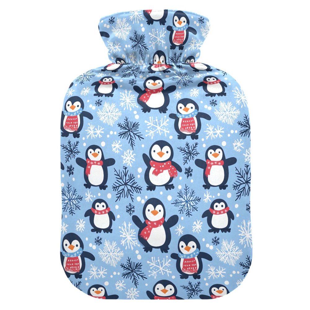 1 L Hot Water Bottle Christmas Penguin Hot Water Bottle with Cover Soft Velvet Hot Water Bag for Pain Relief Small Hot Water Bottle for Kids Adult