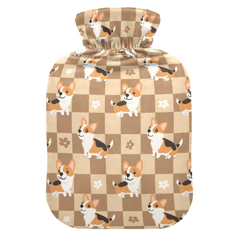 1 L Hot Water Bottle Corgi and Checked Hot Water Bottle with Cover Soft Velvet Hot Water Bag for Pain Relief Small Hot Water Bottle for Kids Adult