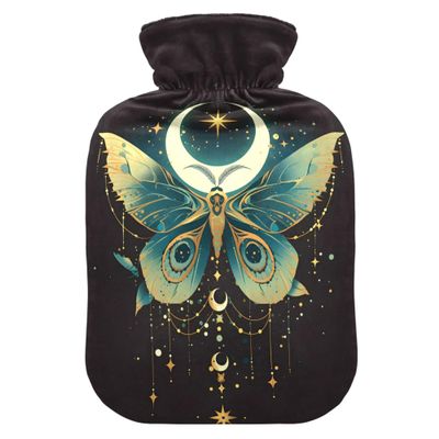 1 L Hot Water Bottle Green Butterfly Moon Hot Water Bottle with Cover Soft Velvet Hot Water Bag for Pain Relief Small Hot Water Bottle for Kids Adult