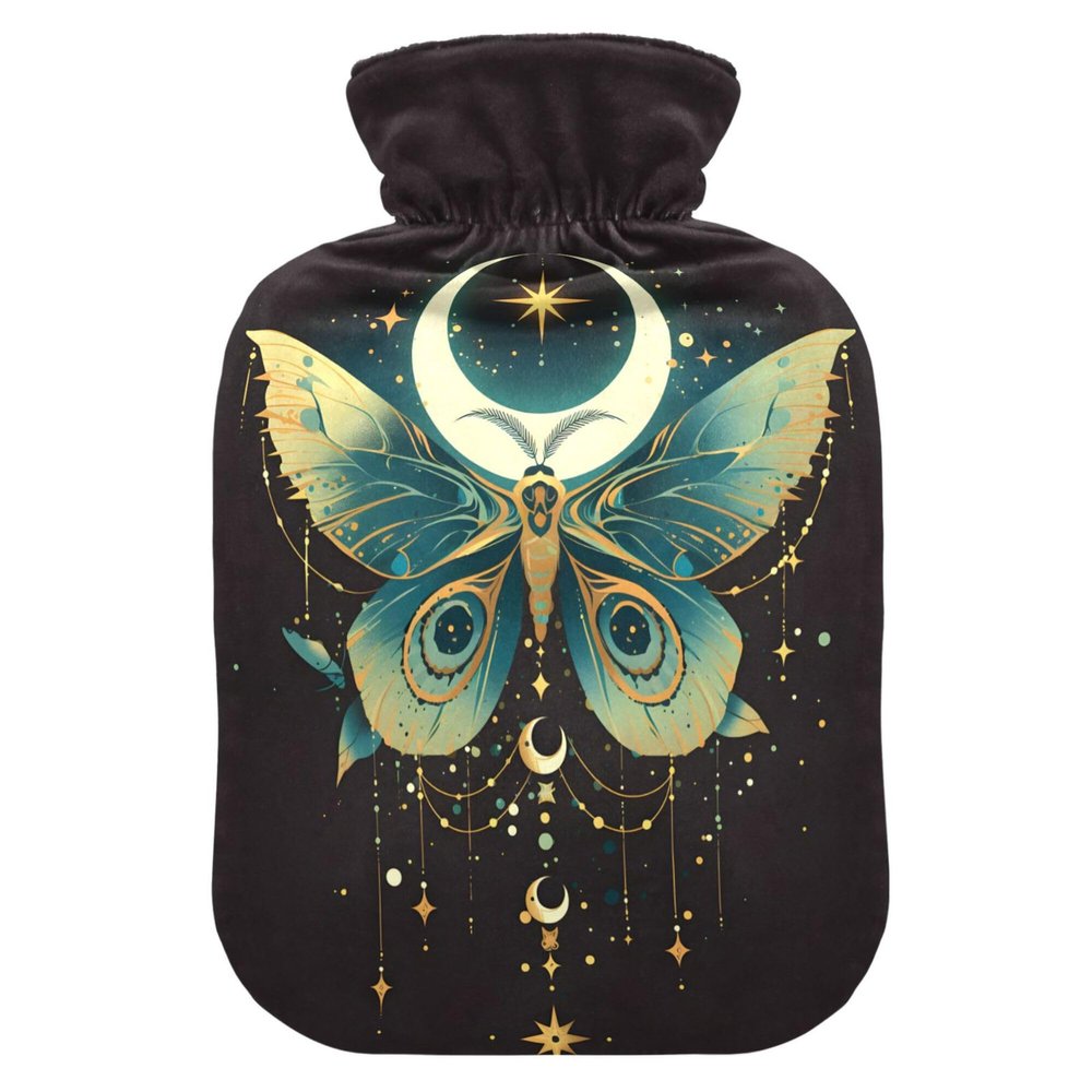 1 L Hot Water Bottle Green Butterfly Moon Hot Water Bottle with Cover Soft Velvet Hot Water Bag for Pain Relief Small Hot Water Bottle for Kids Adult