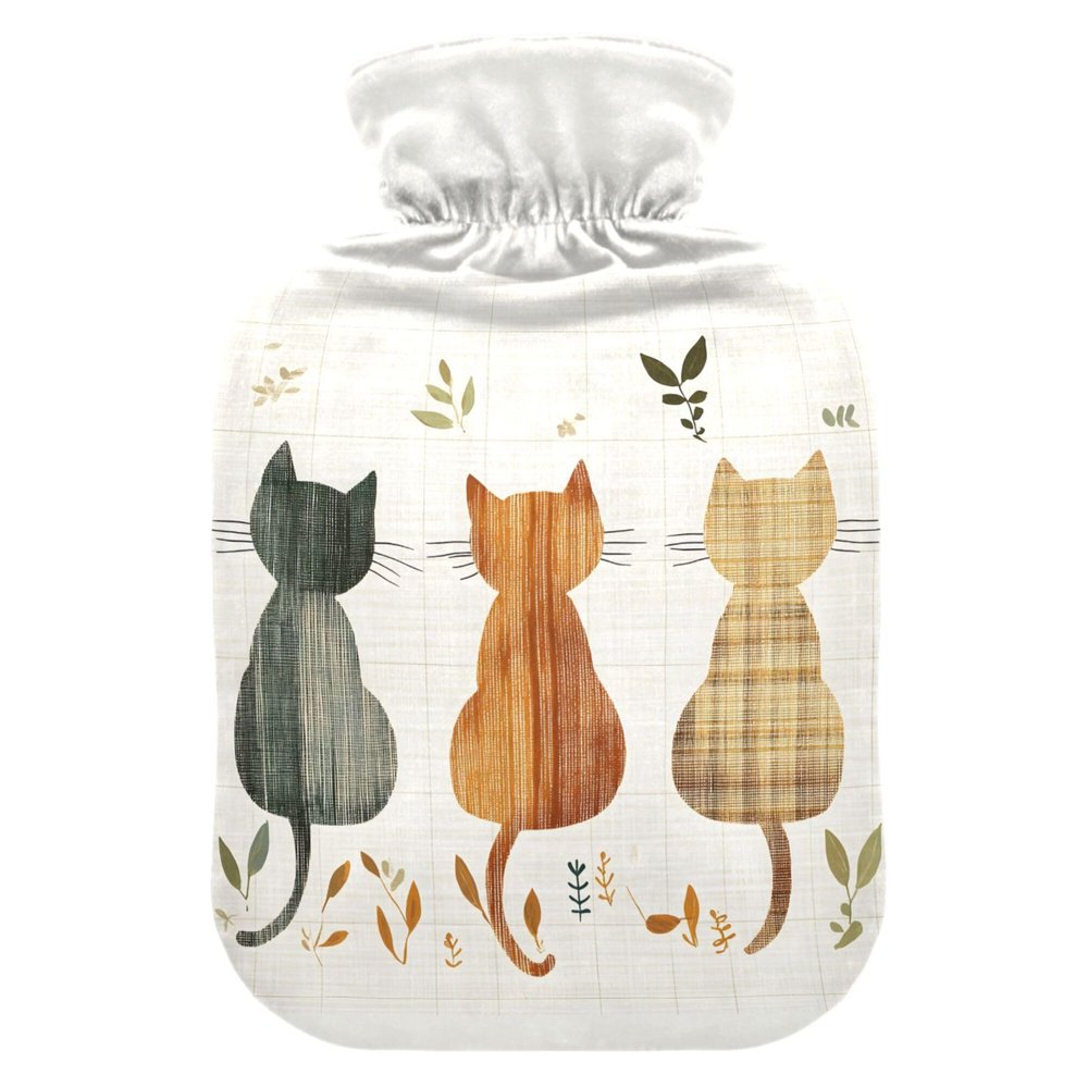 2 L Hot Water Bottle Three Cats Hot Water Bottle with Cover Soft Velvet Hot Water Bag for Pain Relief Hot Water Bottle for Winter Bed for Hands
