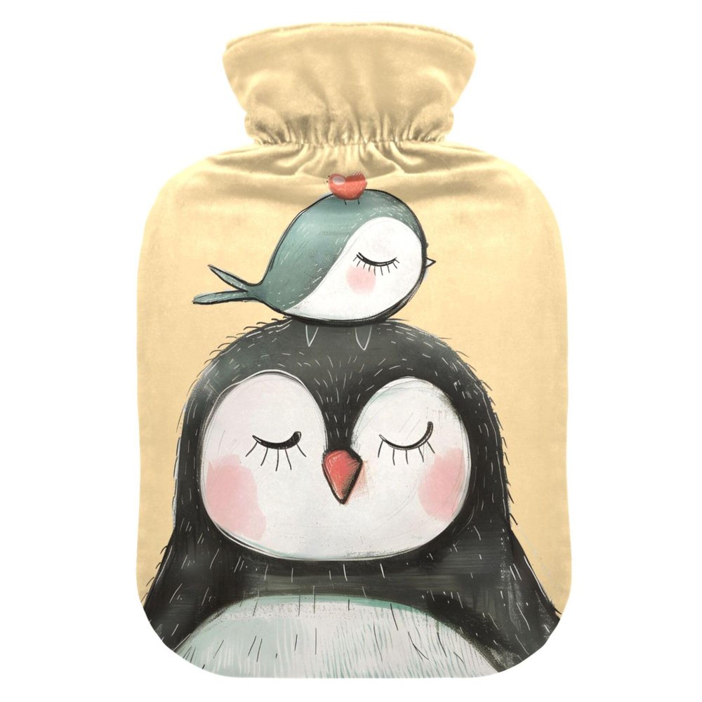 1 L Hot Water Bottle Penguin Bird Hot Water Bottle with Cover Soft Velvet Hot Water Bag for Pain Relief Small Hot Water Bottle for Kids Adult