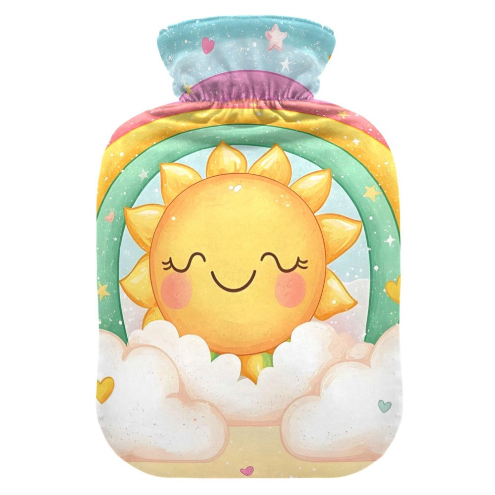 1 L Hot Water Bottle Cute Rainbow with A Smiling Sun and Stars Hot Water Bottle with Cover Soft Velvet Hot Water Bag for Pain Relief Small Hot Water Bottle for Kids Adult