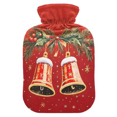 1 L Hot Water Bottle Christmas Bells Hot Water Bottle with Cover Soft Velvet Hot Water Bag for Pain Relief Small Hot Water Bottle for Kids Adult