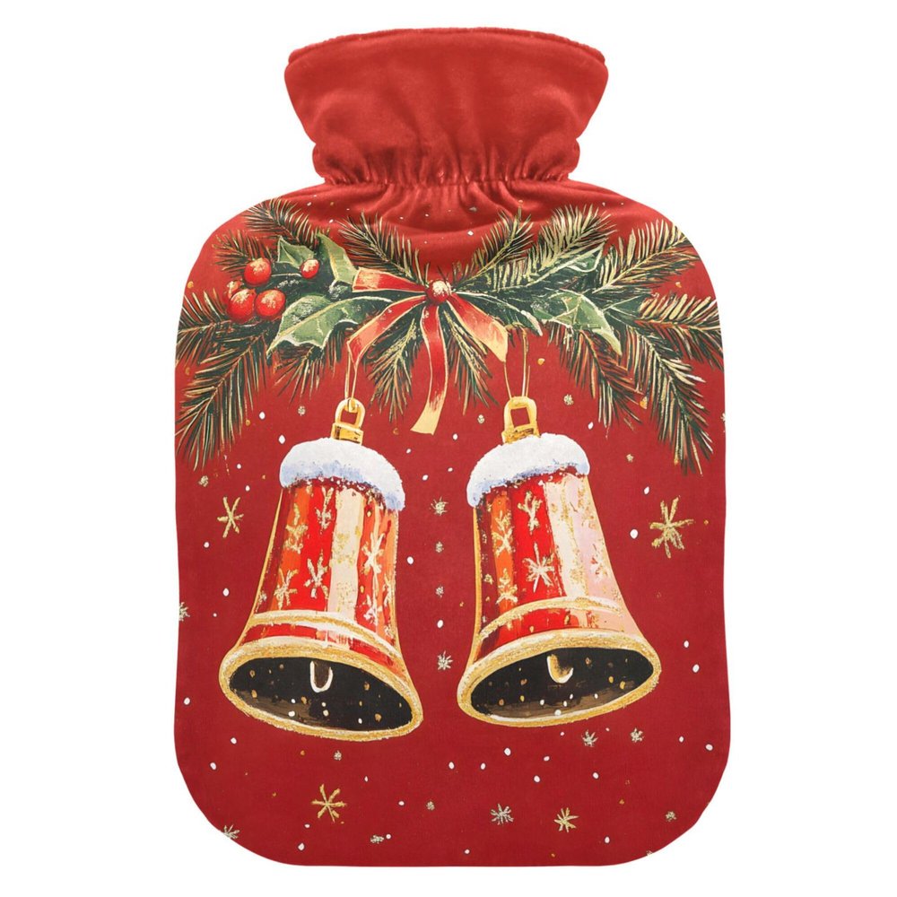 1 L Hot Water Bottle Christmas Bells Hot Water Bottle with Cover Soft Velvet Hot Water Bag for Pain Relief Small Hot Water Bottle for Kids Adult