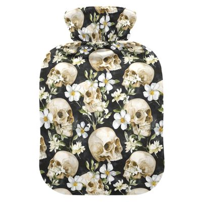 1 L Hot Water Bottle Skull White Flower Hot Water Bottle with Cover Soft Velvet Hot Water Bag for Pain Relief Small Hot Water Bottle for Kids Adult