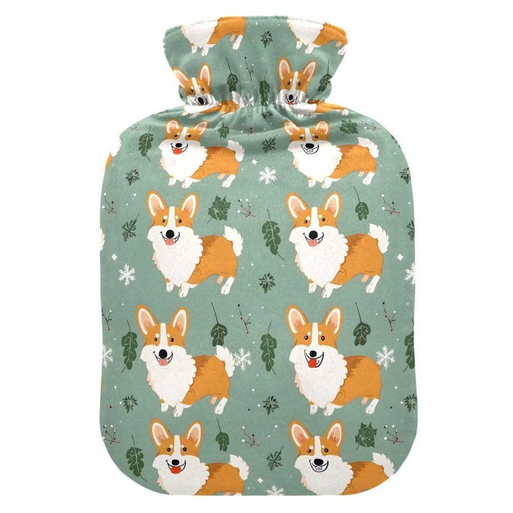 1 L Hot Water Bottle Corgi Christmas and Grass Hot Water Bottle with Cover Soft Velvet Hot Water Bag for Pain Relief Small Hot Water Bottle for Kids Adult