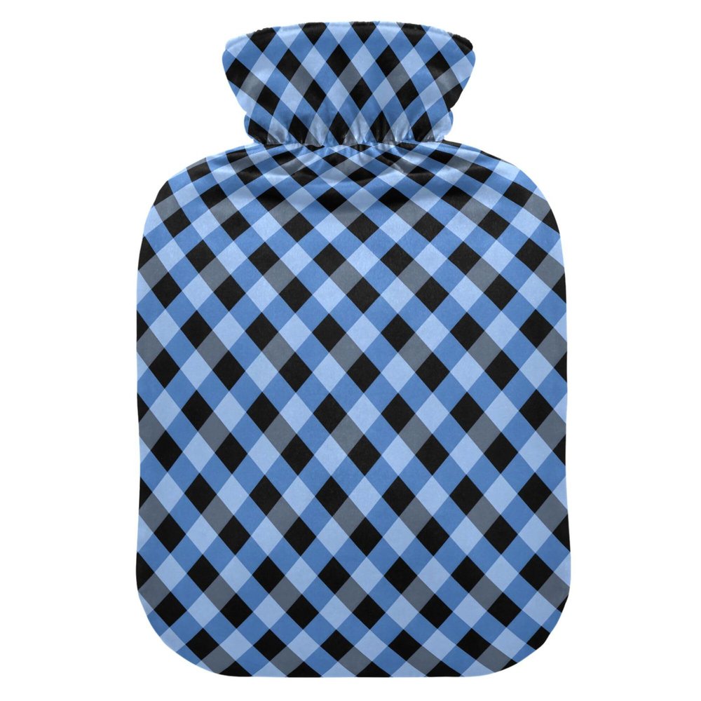 1 L Hot Water Bottle Blue and Blackchecked Hot Water Bottle with Cover Soft Velvet Hot Water Bag for Pain Relief Small Hot Water Bottle for Kids Adult