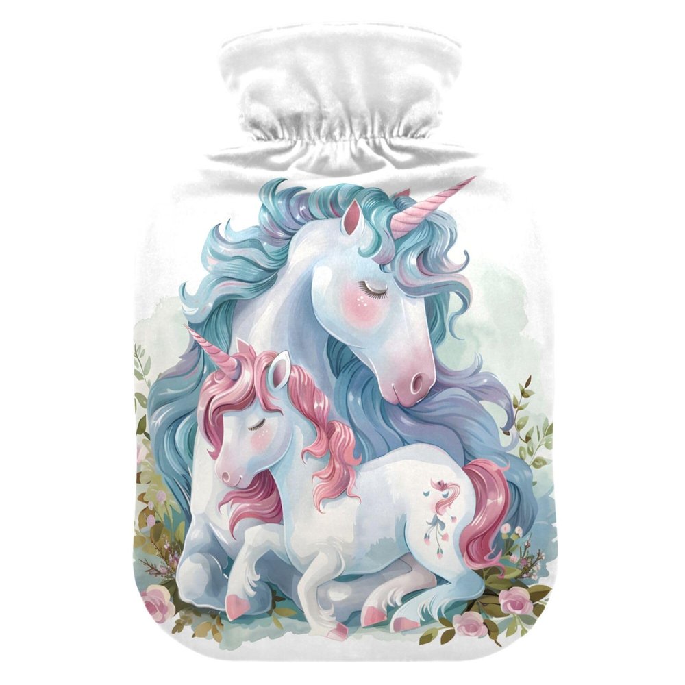 1 L Hot Water Bottle Unicorns and Flower Hot Water Bottle with Cover Soft Velvet Hot Water Bag for Pain Relief Small Hot Water Bottle for Kids Adult